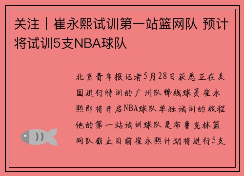 关注｜崔永熙试训第一站篮网队 预计将试训5支NBA球队
