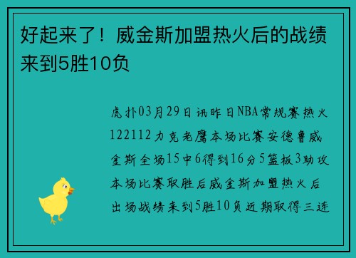 好起来了！威金斯加盟热火后的战绩来到5胜10负