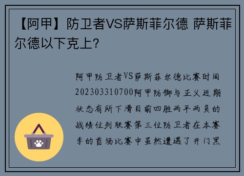 【阿甲】防卫者VS萨斯菲尔德 萨斯菲尔德以下克上？