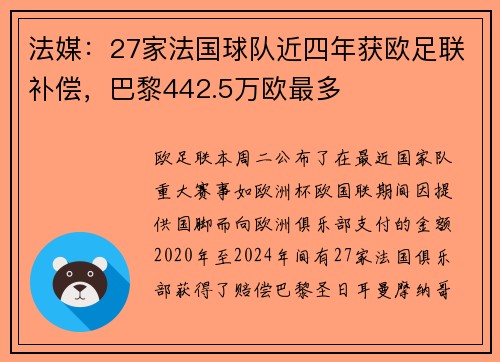 法媒：27家法国球队近四年获欧足联补偿，巴黎442.5万欧最多