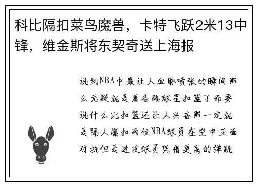 科比隔扣菜鸟魔兽，卡特飞跃2米13中锋，维金斯将东契奇送上海报